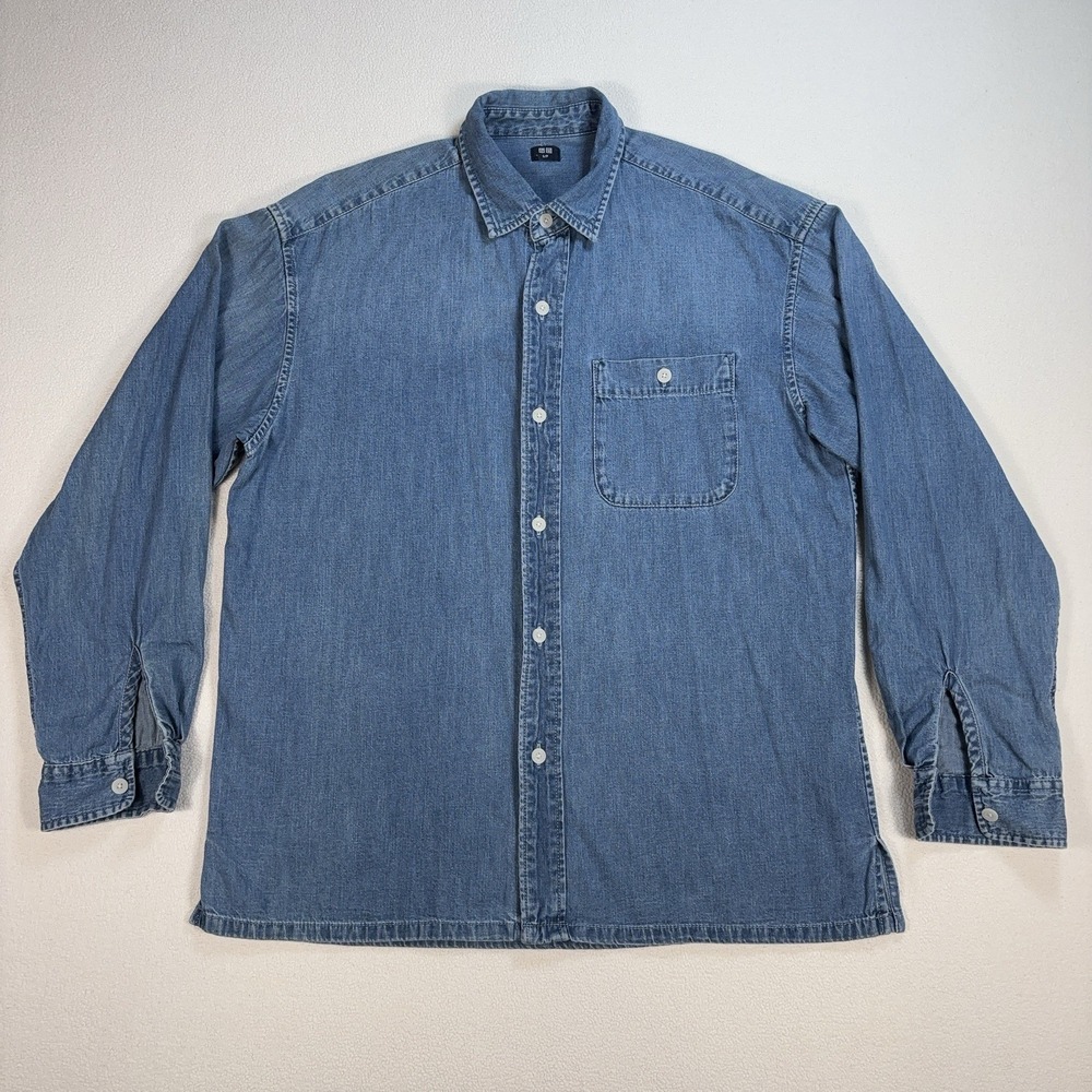 Uniqlo Oversized Denim Shirt Men's S Blue Pocket 100% Cotton Button‎ Up